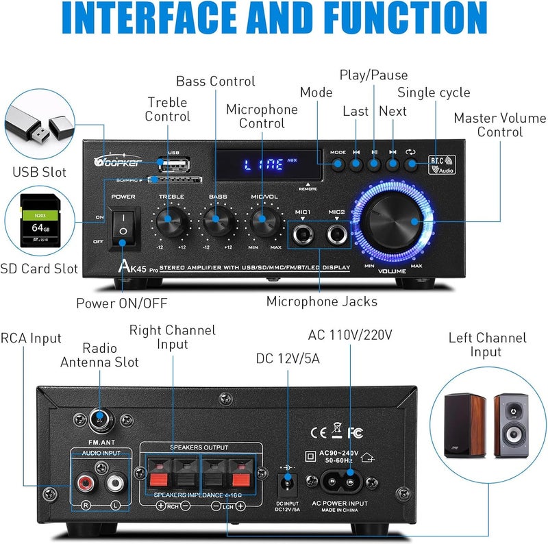 WOOPKER AK45 Pro Amplifier Home Audio Stereo Receivers with Bluetooth 5.0,Max 400W,2.0 Channel Stereo Amplifier System for Home Theater Speakers, Karaoke,Garage,Home Amp with USB,SD,RCA,2 MIC in - Image 4